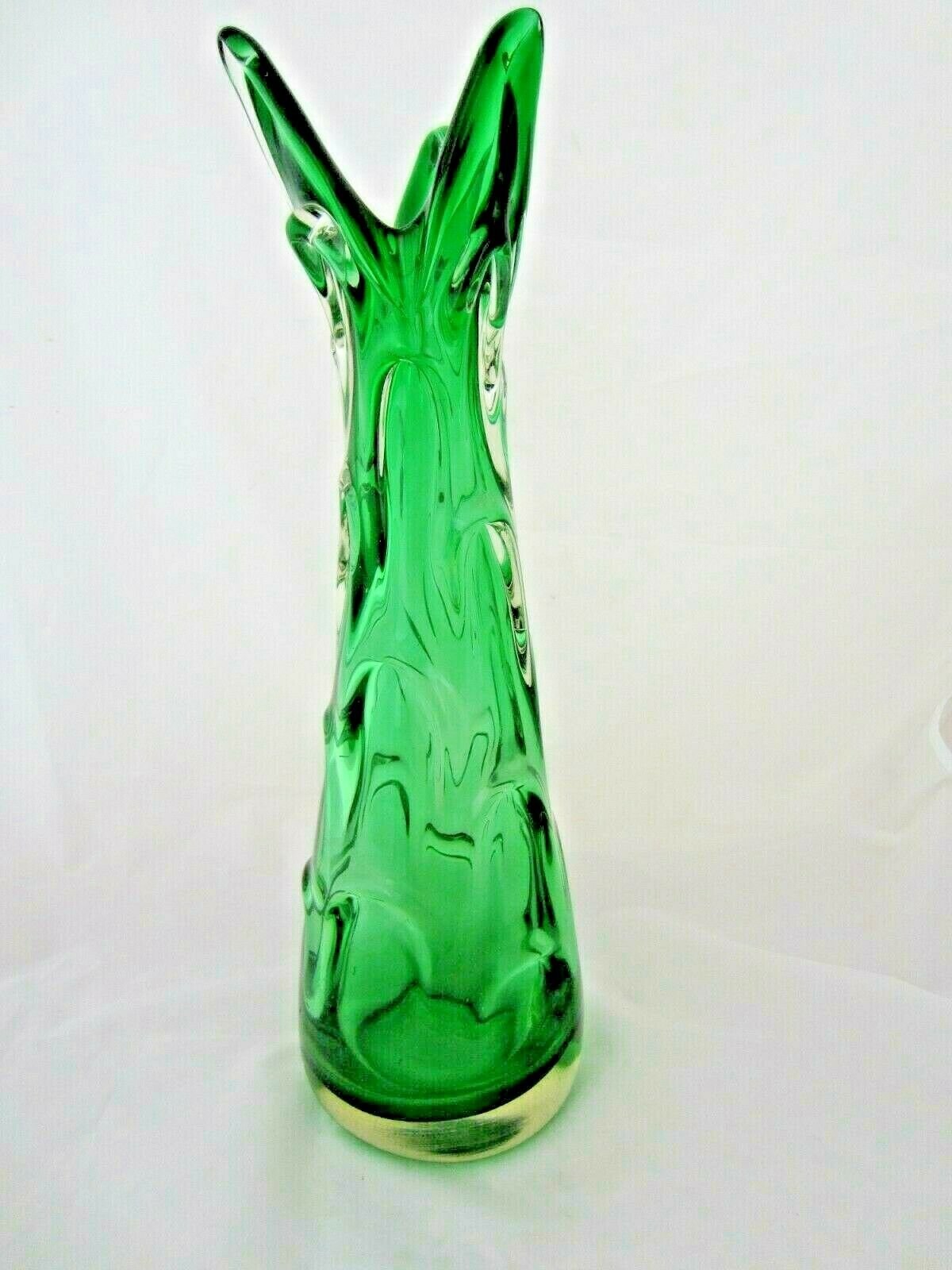 TALL Czech green glass organic sommerso vase Karlovarske